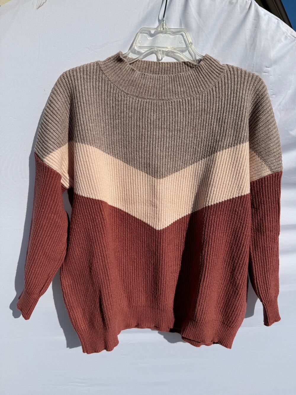 Amaryllis Apparel Soft & Cozy Wide Stripe Color Block Mock Neck Pullover Sweater